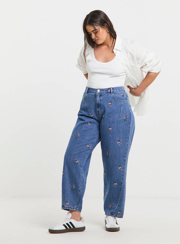 SIMPLY BE Mid Wash Floral Embroidered Barrel Jeans 14